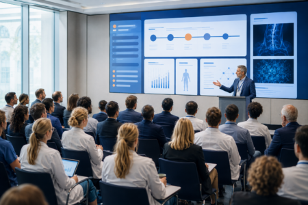 Wissenschaftliche Präsentation mit Infografiken auf einer medizinischen Fachkonferenz