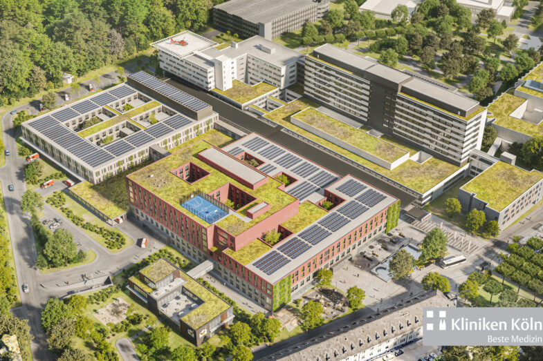 Vogelperspektive auf den Gesundheitscampus Merheim in Köln mit Gebäuden und umliegendem Gelände